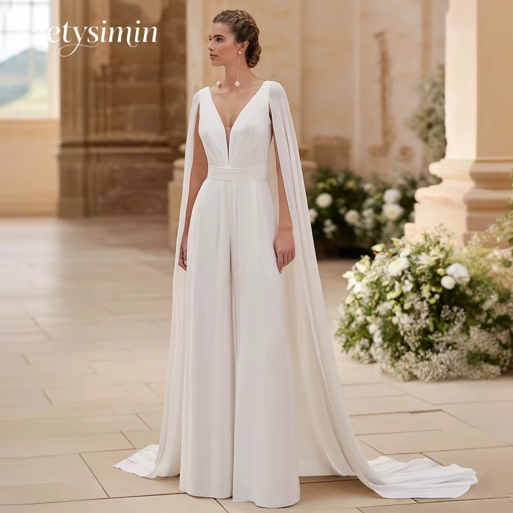 Combinaison De mariage en crêpe style Boho pour femmes, jupe-culotte De mariée en V profond avec Cap