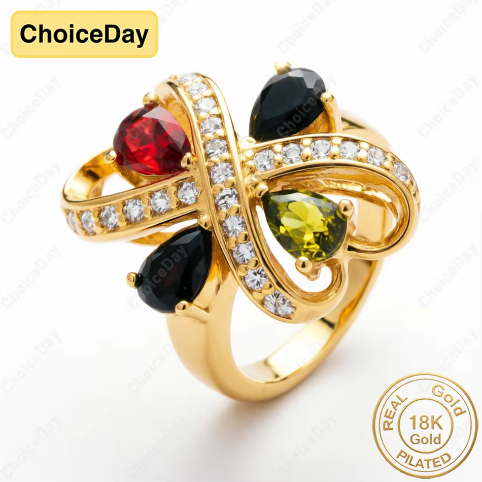 Bague en zircone en forme de cœur à quatre couleurs plaquée or 18 carats, bijou élégant pour femme, 
