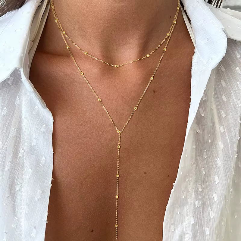 Collier Long délicat plaqué or 14 carats, pendentif en forme de Y, tendance, couches de perles Cz, b