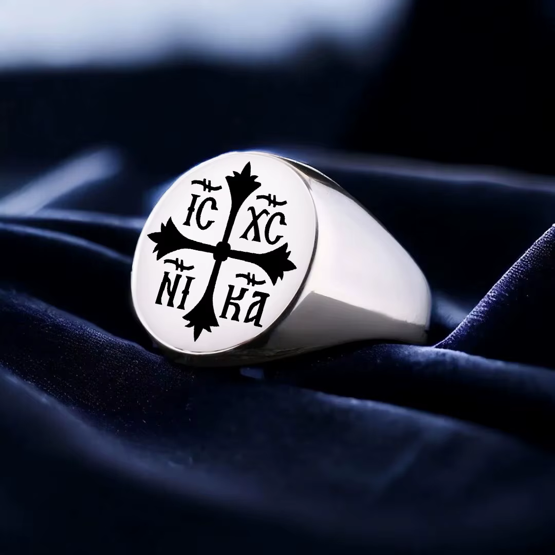 Bague en acier inoxydable R705, croix orthodoxe byzantine avec inscription IC XC NI KA, Jésus-Christ