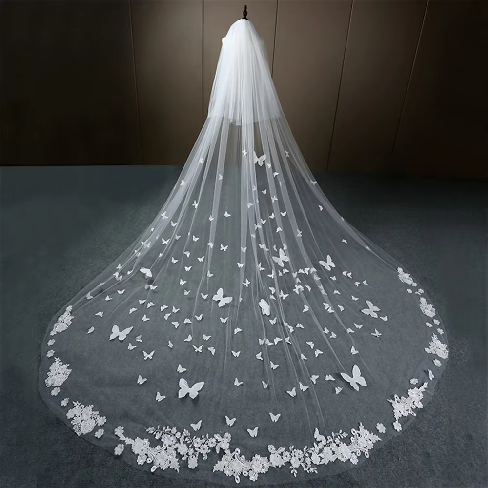 Voile de mariage long bord en dentelle, appliques florales papillon 3D, voile de patients cathédrale