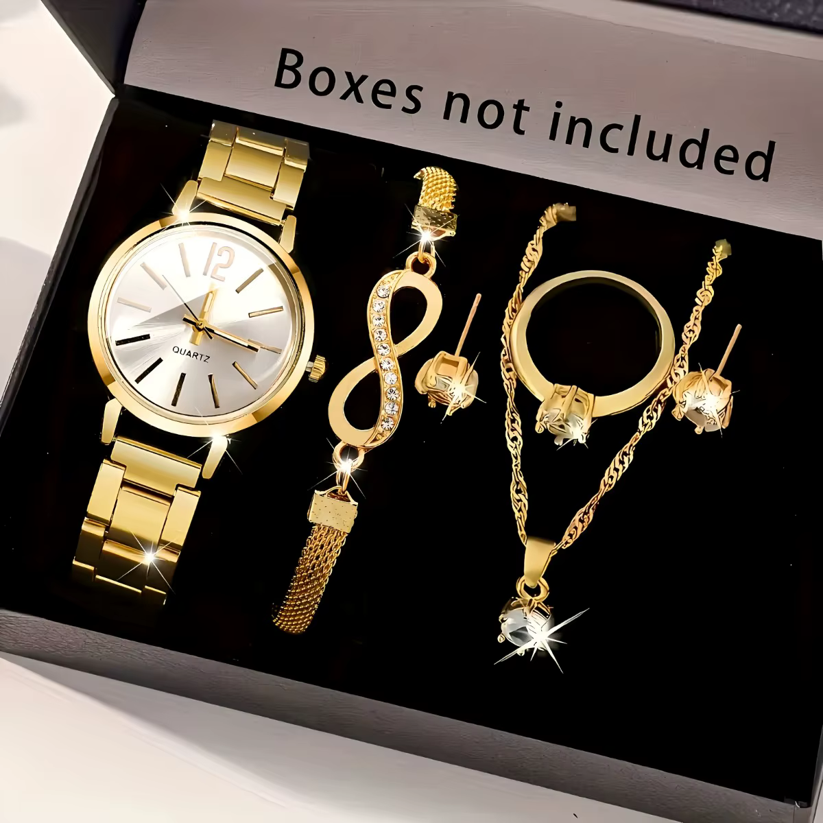 Ensemble de bijoux pour femmes, 6 pièces, montre à quartz tendance + bracelet infini en cristal, col
