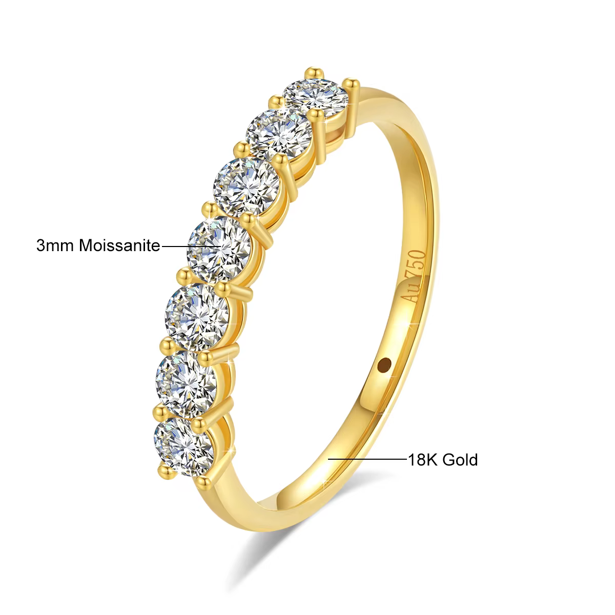 Bague en or 18 carats avec 7 pierres en moissanite, bague à rangées, bague en diamant Au750 pour fem