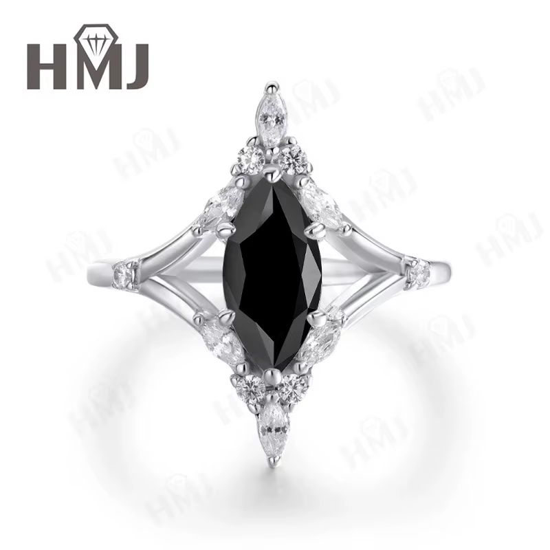 Bague en moissanite taille marquise en argent sterling 925, couleur D/noir/champagne, bijoux fins de