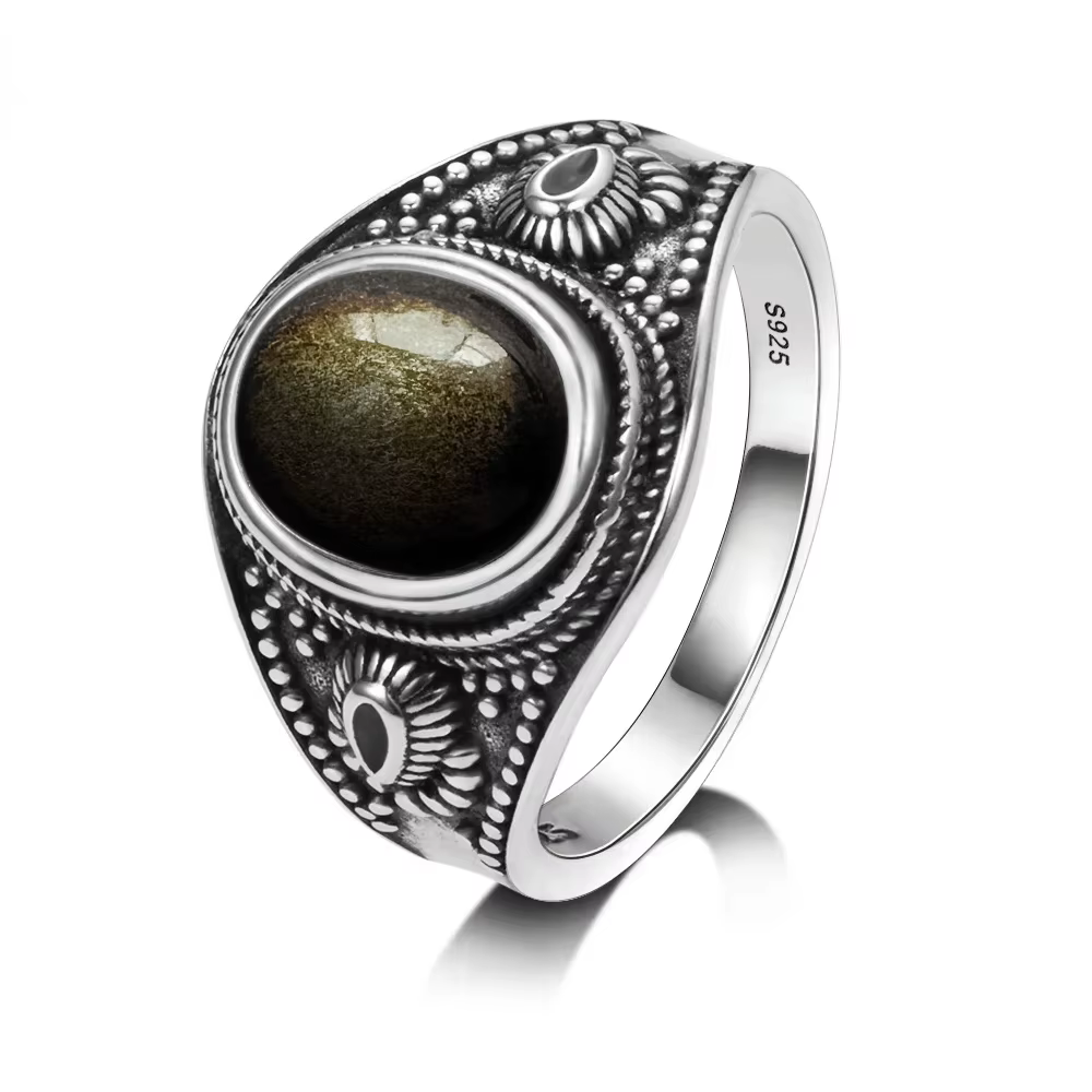 Bague Vintage en argent Sterling S925, ovale, ronde, en obsidienne naturelle, en forme de soleil et 