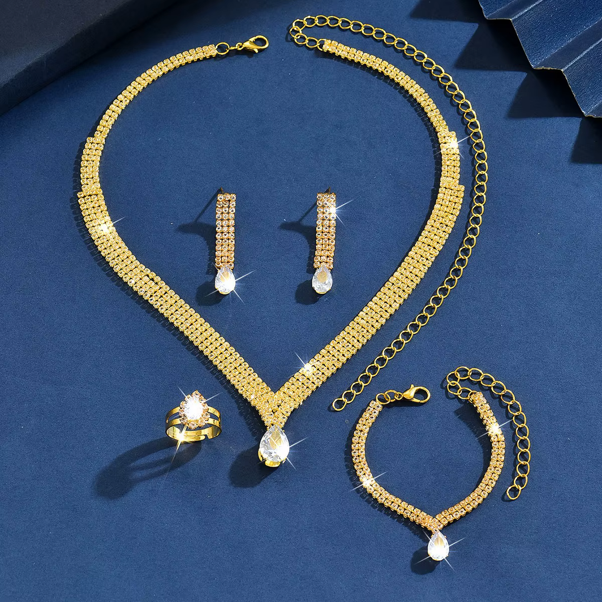 Ensemble de bijoux de mariage de mariée en strass de luxe 5 pièces, collier de fête élégant et scint