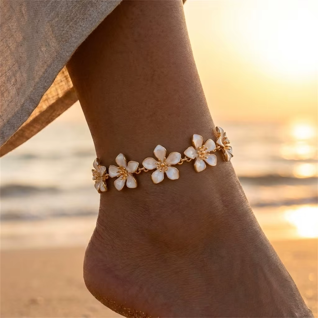 Bracelet de cheville fleuri en émail blanc hawaïen pour femme, couleur or, bijou de pied tropical po