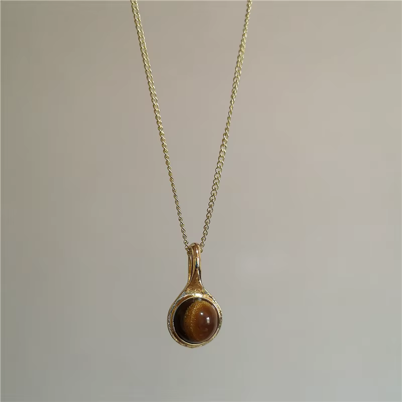 Collier Vintage en cuir avec pendentif soleil en pierre marron, ras du cou perlé, chaîne de clavicul