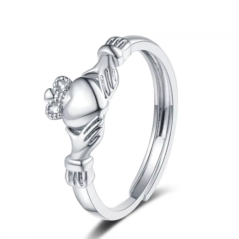 Bague ouverte Claddagh réglable en 3 couleurs, motif main, cœur, couronne, pour femme, bijou d'amiti