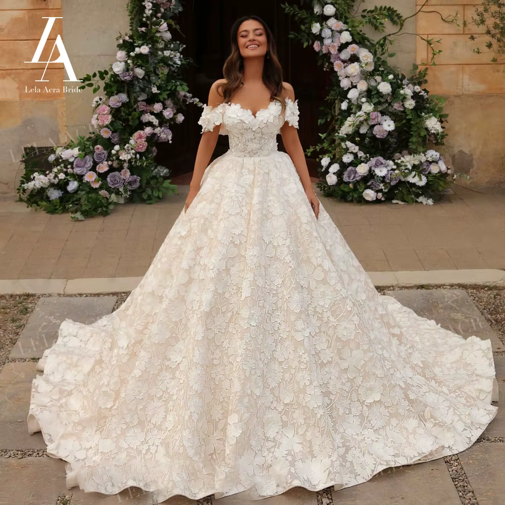 LelaAcra robe de mariée épaules dénudées 2026 fleurs romantiques robe de bal Court Train princesse m