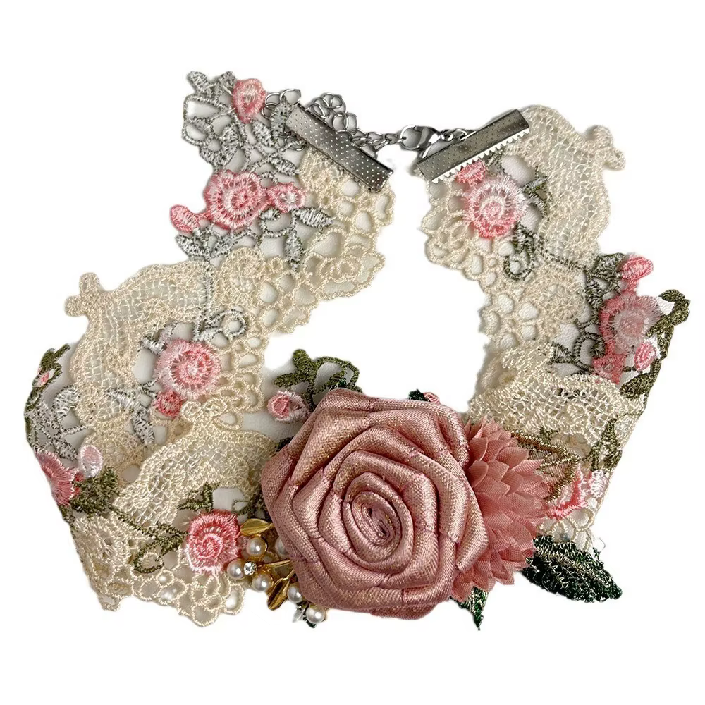 Style français dentelle fleur tour de cou texturé exquis Rose collier ras du cou bijoux perle doux t