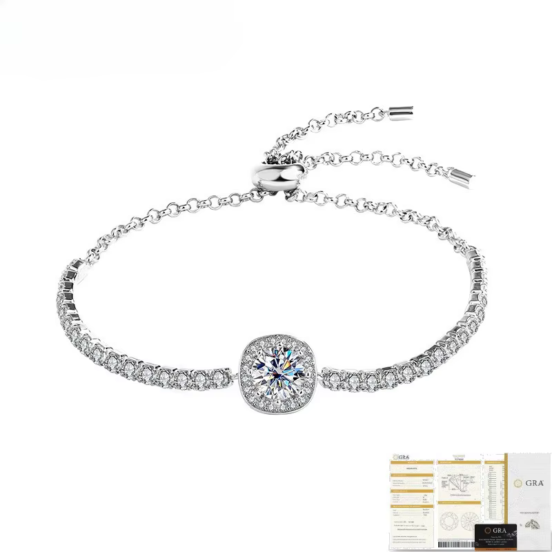 Bracelet Trumium 1ct Moissanite Diamant Carré Halo pour Femme en Argent Sterling S925, Bijou de Luxe