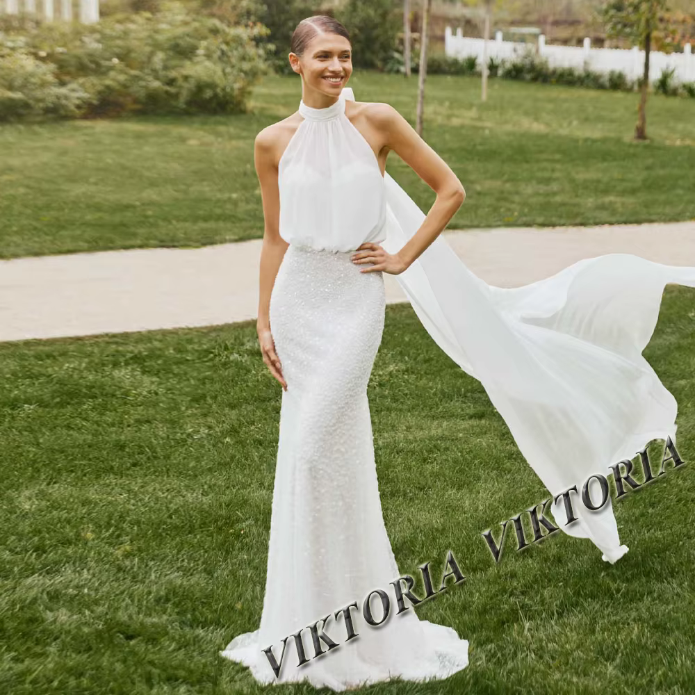 VIKTORIA-Robe de Mariée Exquise en Mousseline de Soie, Tenue Personnalisée avec Perles, Col Licou, N