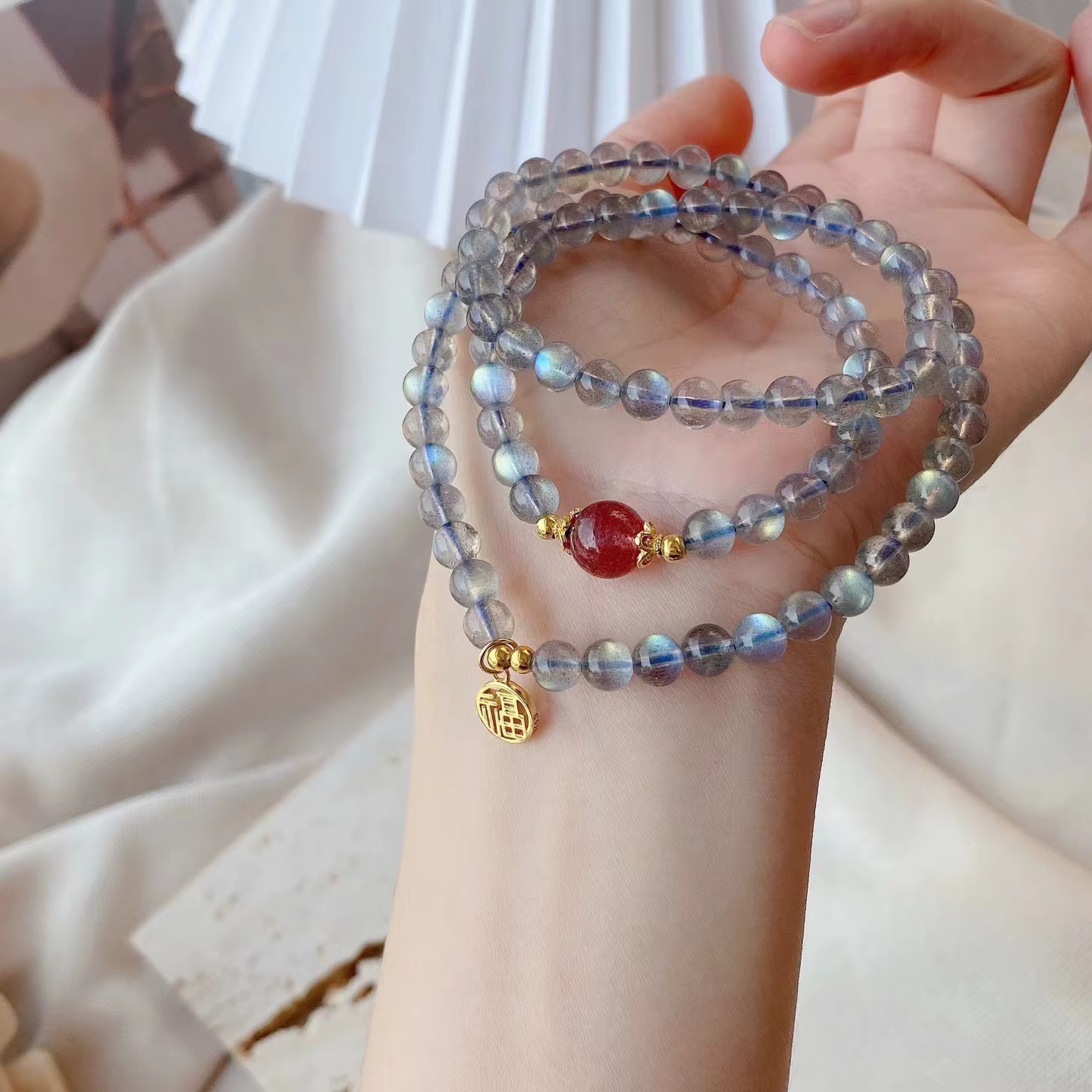 Perles de clair de lune gris clair avec bleu, bijoux de sagesse pour femme, homme, couple, cadeau de