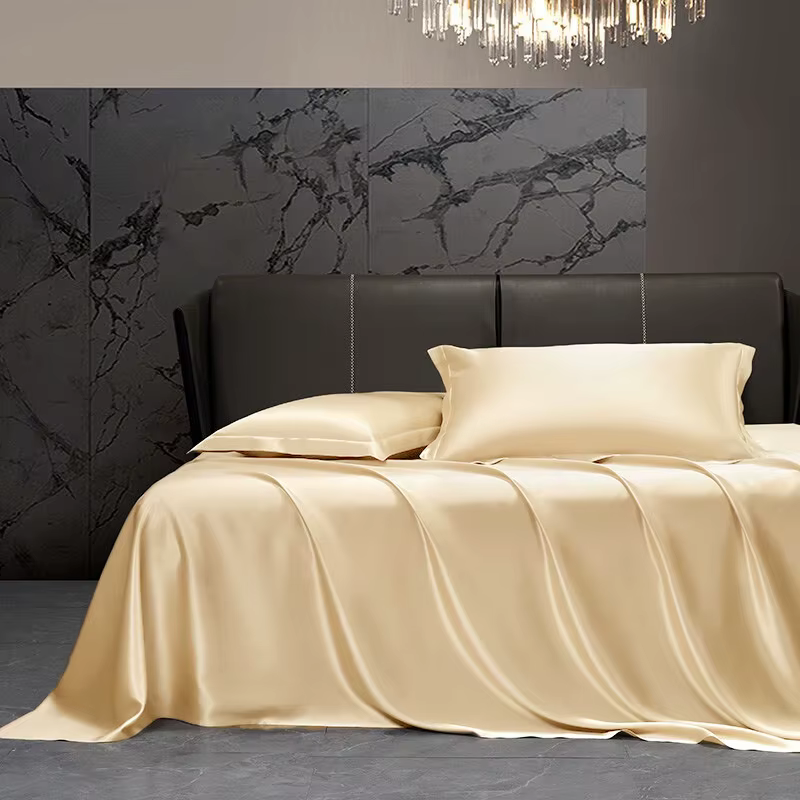 Parure de lit en soie 4 pièces avec housse de couette, drap-housse/drap plat, taies d'oreiller, couv