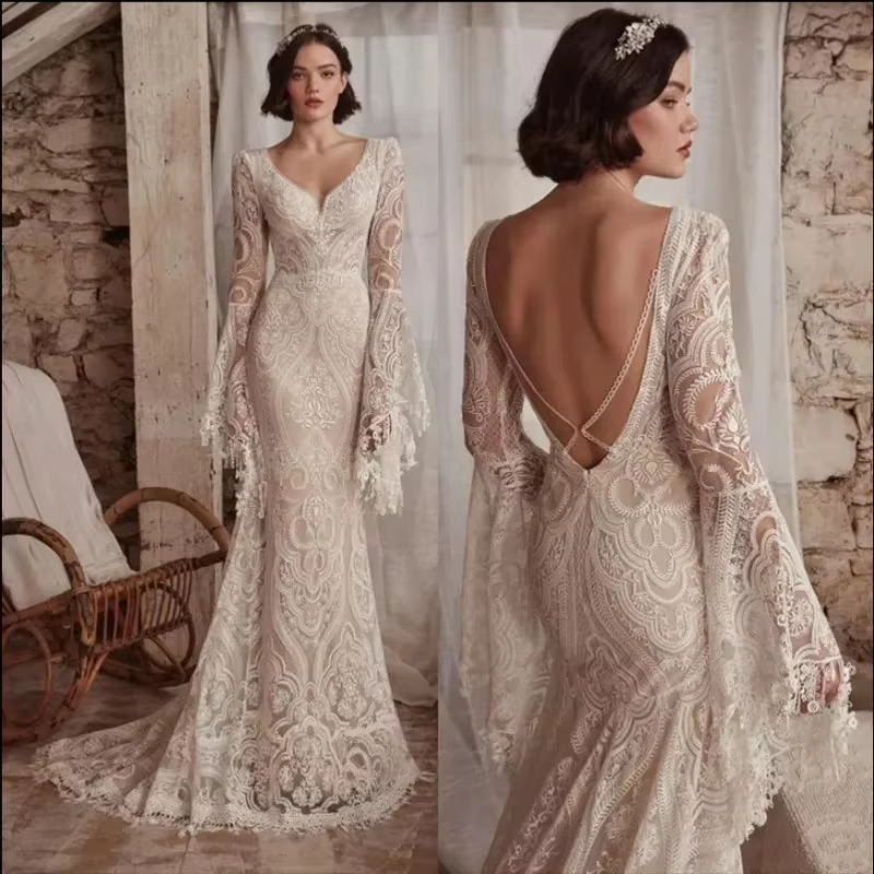 Lqq robe De mariée personnalisée mode gaine col en V cour à manches longues dos nu dentelle robes De