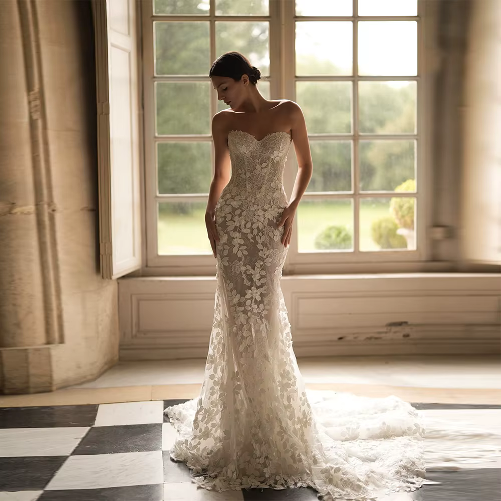 Robes De mariée sirène en dentelle, personnalisées, Sexy, sans bretelles, brillantes, épaules dénudé