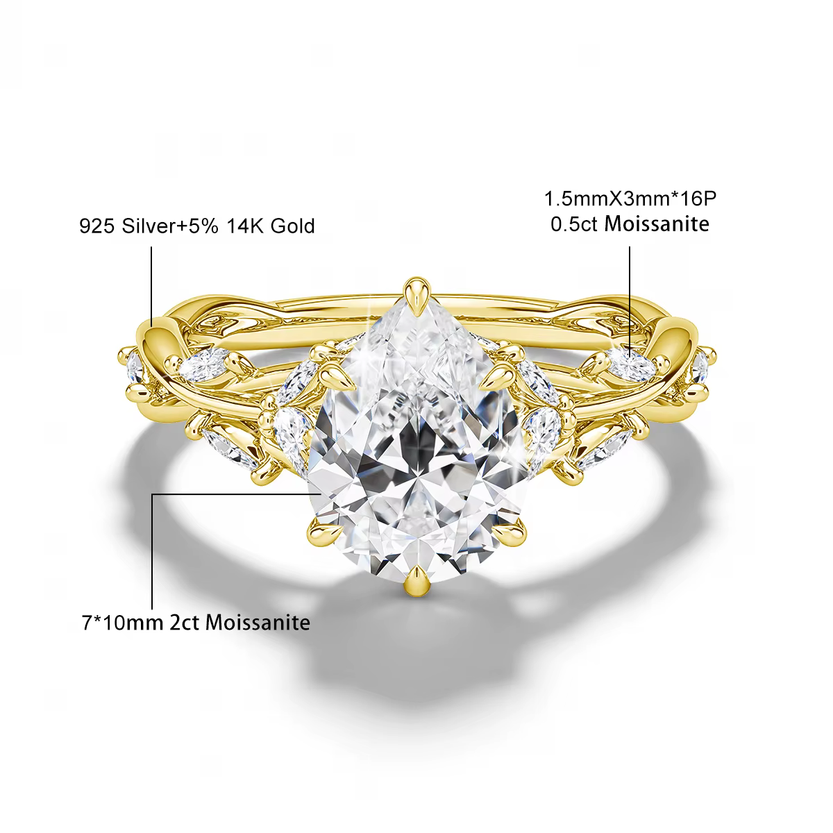 Bague de fiançailles de luxe en moissanite marquise 3 carats, plaqué or 14K, design torsadé en forme