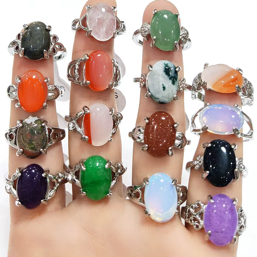 Bagues en biscuits multi-styles pour femmes, bague en pierre naturelle, métal plaqué argent, mélange