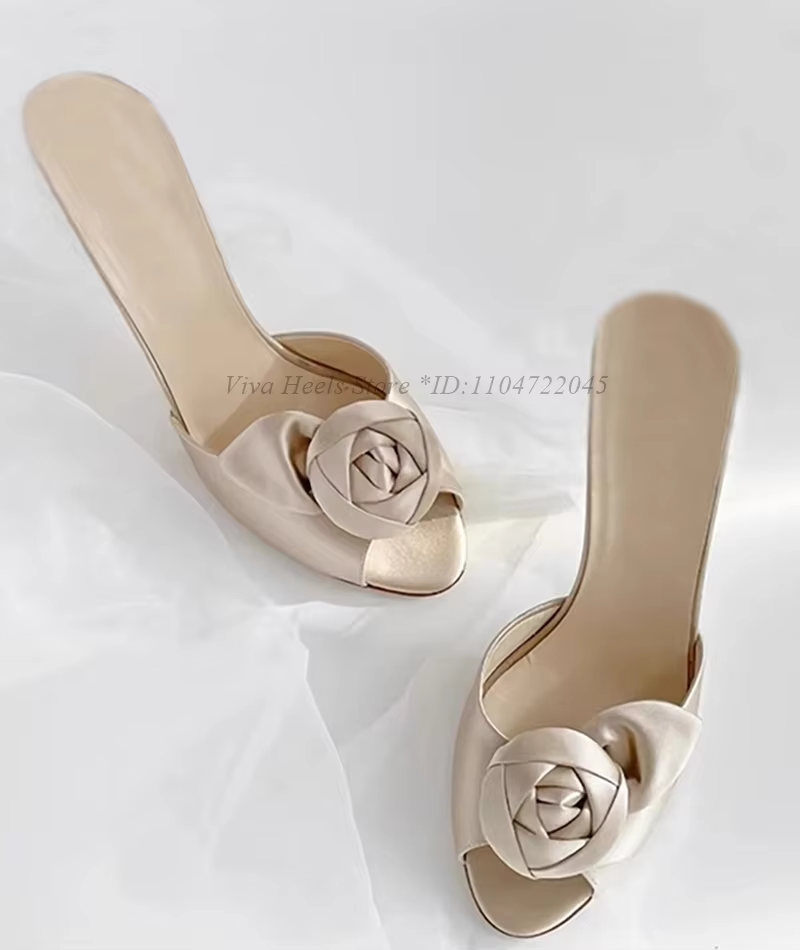 Vintage Rose décor Violet Satin pantoufles femmes 2025 été nouveau en noir/blanc talons hauts confor