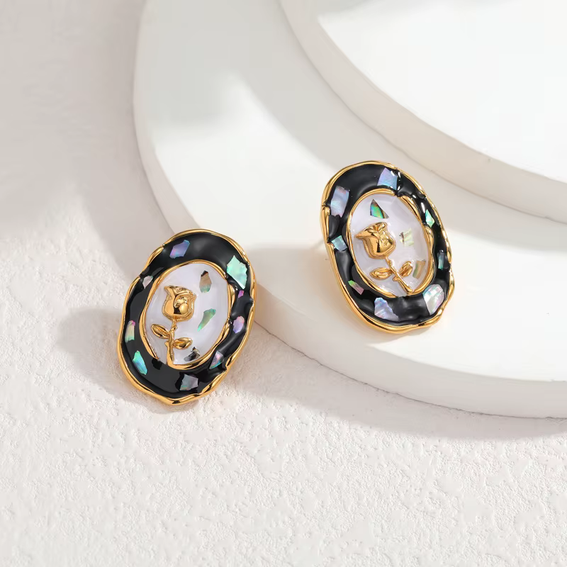 EILIECK – ensemble de collier et boucles d'oreilles ovales en émail, fleurs, en acier inoxydable, te