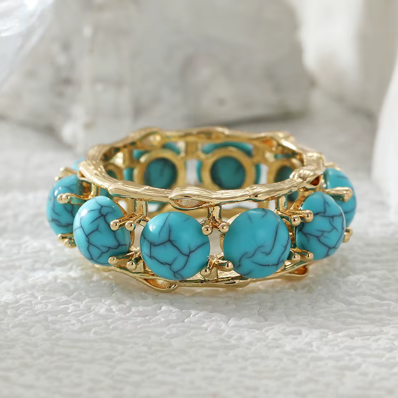 Bague vintage pour femme en imitation turquoise incrustée, couleur or classique, géométrique, pour u