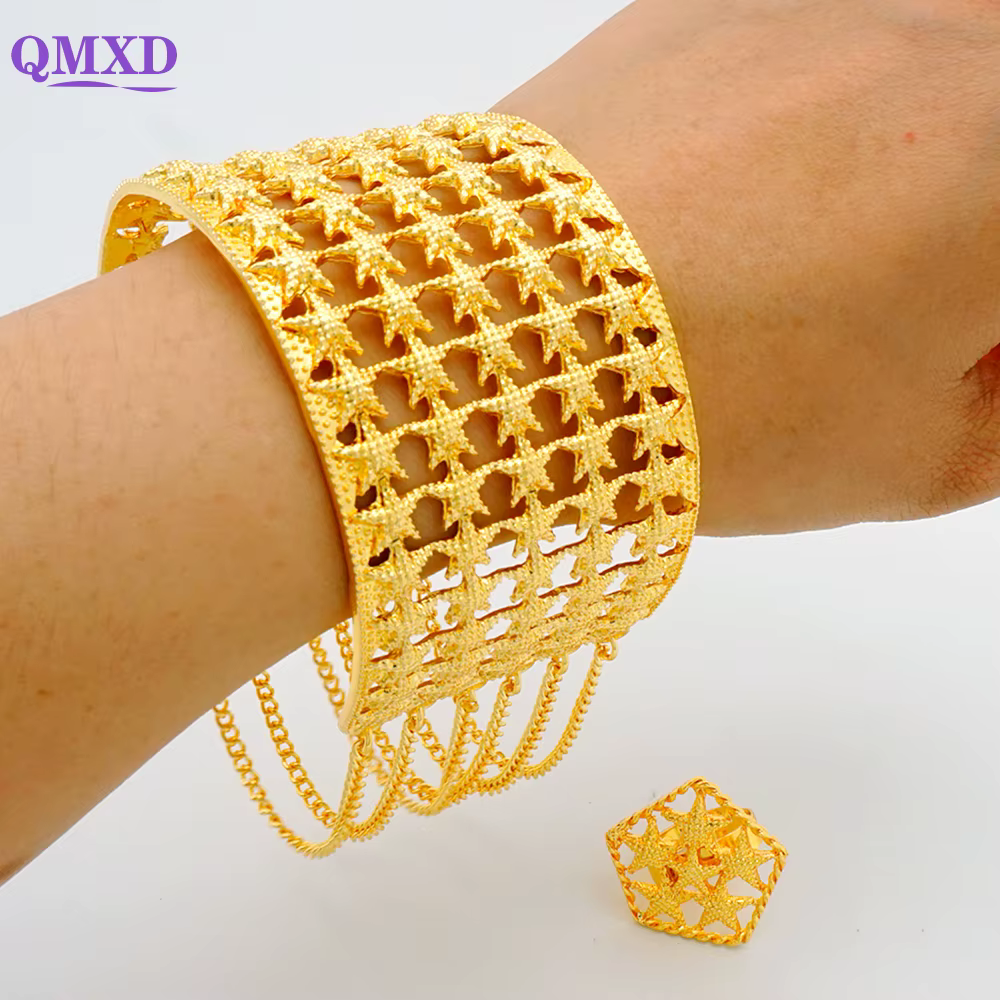 Ensemble de bijoux pour femmes, couleur or, Bracelet de dubaï, rond, creux, en alliage, large, ensem