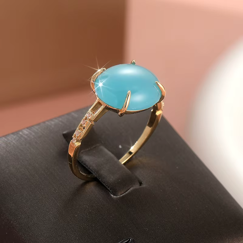 Bague pour femme en or avec pierre bleue incrustée, ovale, pour tous les jours et les fêtes