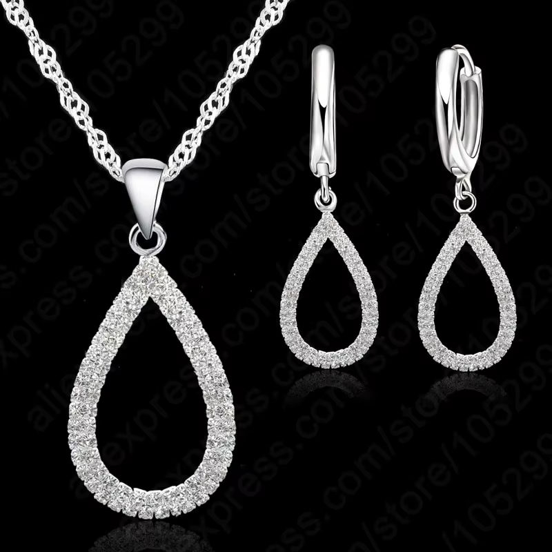Ensemble de bijoux en argent regardé 925 avec cristal, collier et boucle d'oreille, fiançailles de m