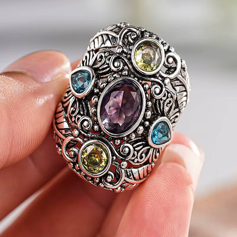 Huitan Vintage femmes bague Anti couleur argent incrusté brillant coloré CZ gravé Design accessoires