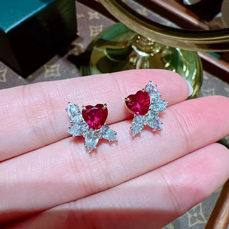 Ensemble de bijoux en argent pur 925 avec rubis rouge en forme de cœur, cadeau de mariage luxueux et