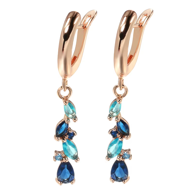 SYOUJYO nouveau 585 boucles d'oreilles en or Rose pour les femmes de luxe bleu naturel Zircon feuill