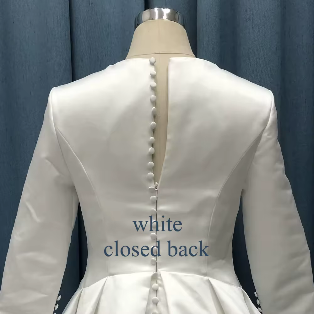 VIKTORIA-Robe de Mariée Vintage en Satin pour Femme, Ligne A, Manches sulf, Col Rond, Plissée, Perso