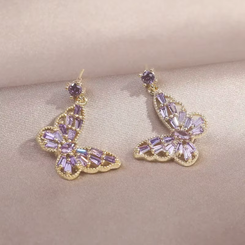 Boucles d'oreilles papillon en Zircon violet rose, nouveau Design coréen, bijoux à la mode en or vér