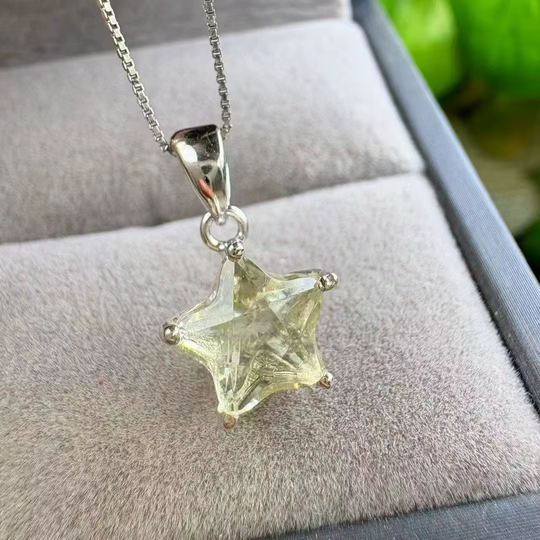 Collier pendentif en argent 925 avec cristal de quartz naturel de Libye, forme d'étoile, pour cadeau