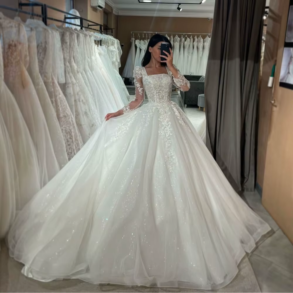 MCDV classique col carré robes De mariée pour femme mariée manches longues Corset Tulle Applique bri