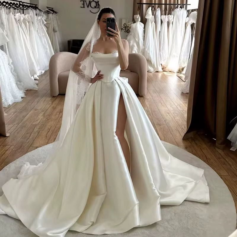 Robe De mariée en Satin gracieux, en taffetas, fendue, ligne a, sans manches, sans bretelles, person