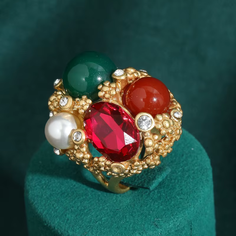 Bague fleur en pierre verte pour femmes, bijoux Vintage, décoration de perles, breloques élégantes, 