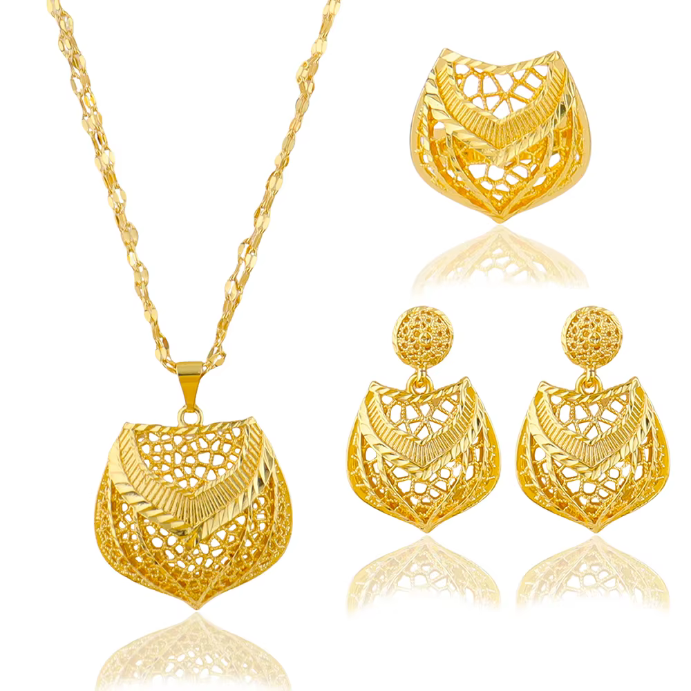 Ensemble de bijoux de dubaï pour femmes, couleur or, pendentif, boucles d'oreilles, collier, bagues,