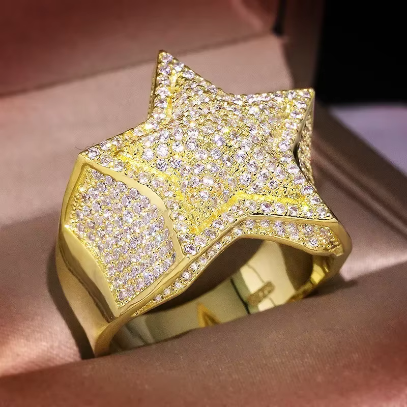 Hip Hop cinq étoiles anneaux hommes or argent couleur glacé cubique zircone bijoux bague cadeaux Cou