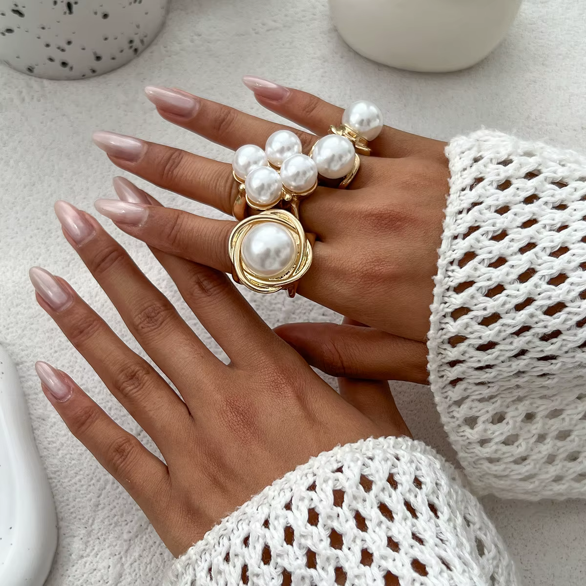 Bague ouverte élégante en Imitation de perles pour femmes, bague géométrique créative de mariage, bi