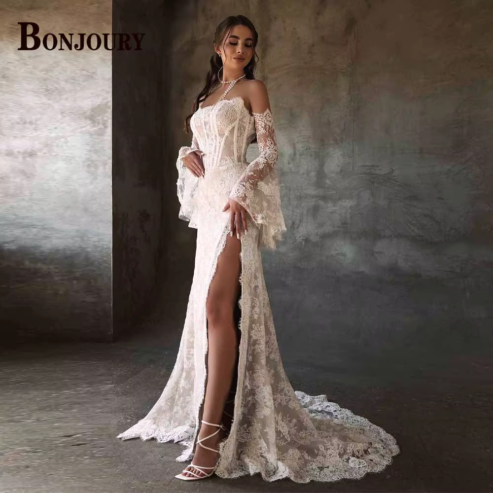 BONJOURY Vintage robes De mariée pour les femmes avec Appliques haute fente sirène haute fente robes