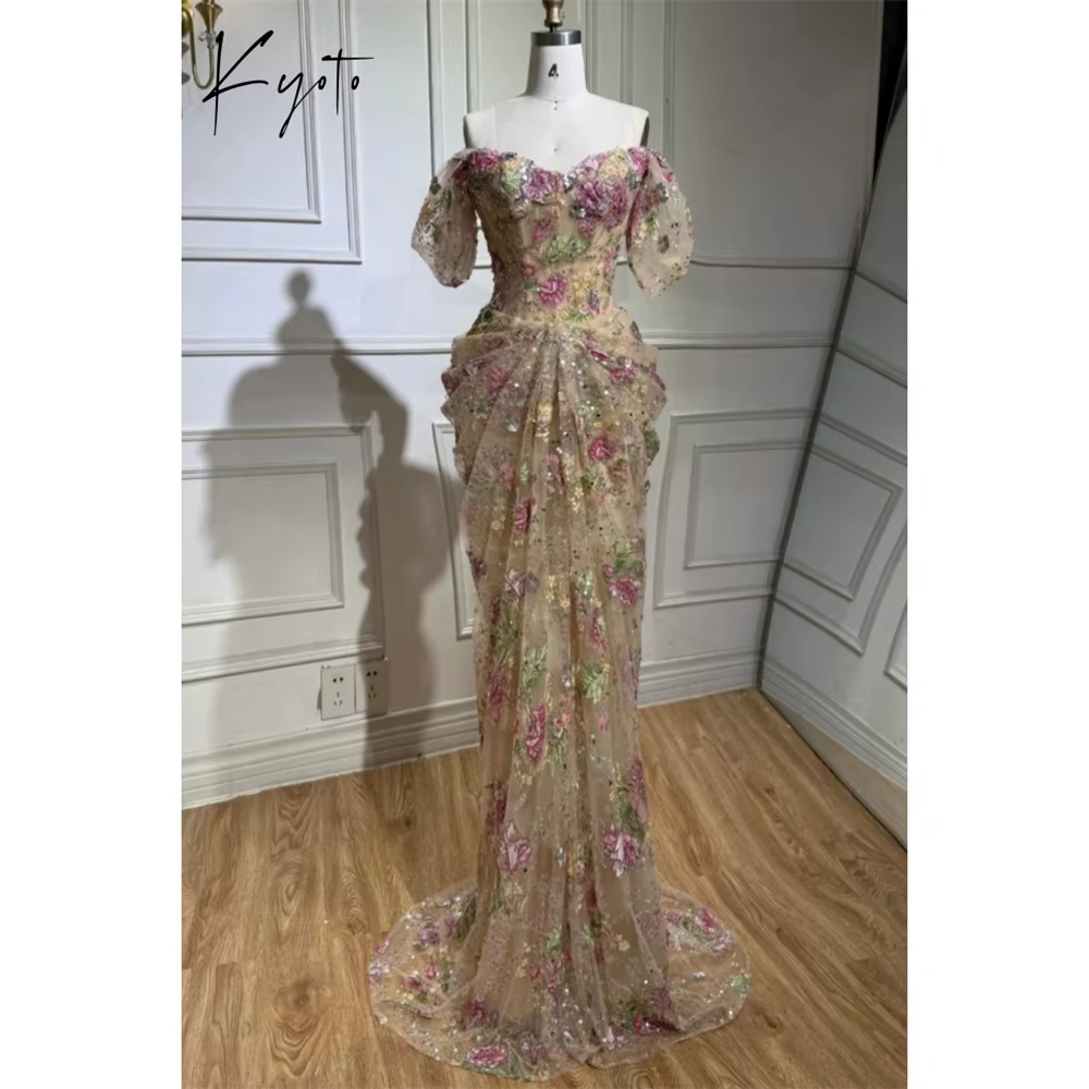 Robe de mariée sirène personnalisée Kyoto, couleur champagne, épaules dénudées, manches bouffantes, 