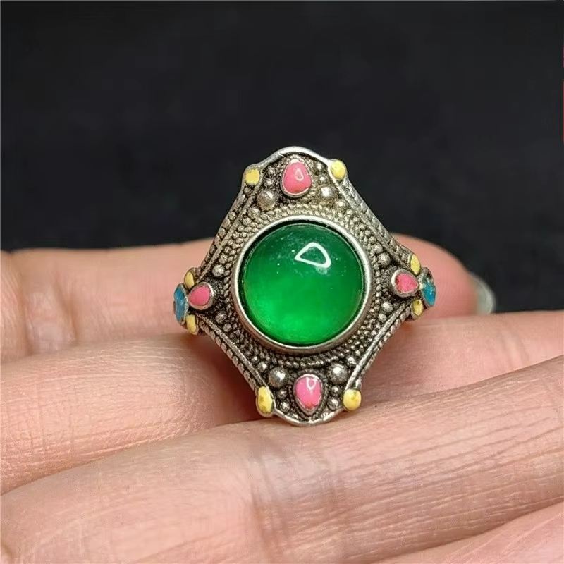 Bague vintage en argent tibétain incrustée de jade naturel ancien, anneau ouvert réglable ethnique p