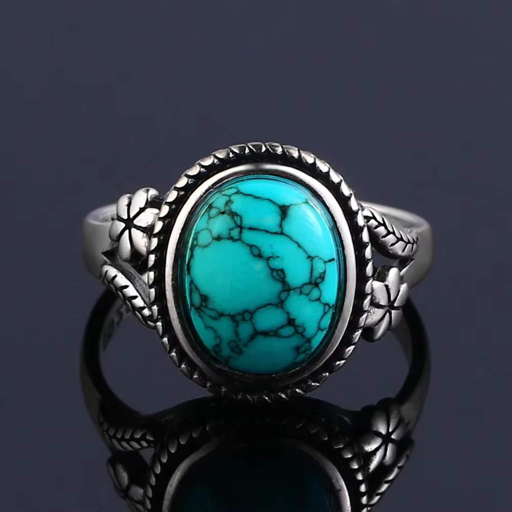 Bague Vintage en argent Sterling S925 avec pierre Turquoise naturelle, bagues ovales et rondes en fo