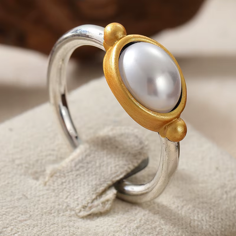 Bague vintage pour femme incrustée d'imitation de perles, bijou classique bicolore géométrique pour 