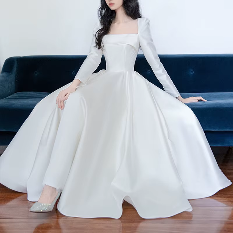 Robe de Mariée en Satin observateur, Simple et Amincissante, Style Hepburn, Tenue de Soirée, Tempéra
