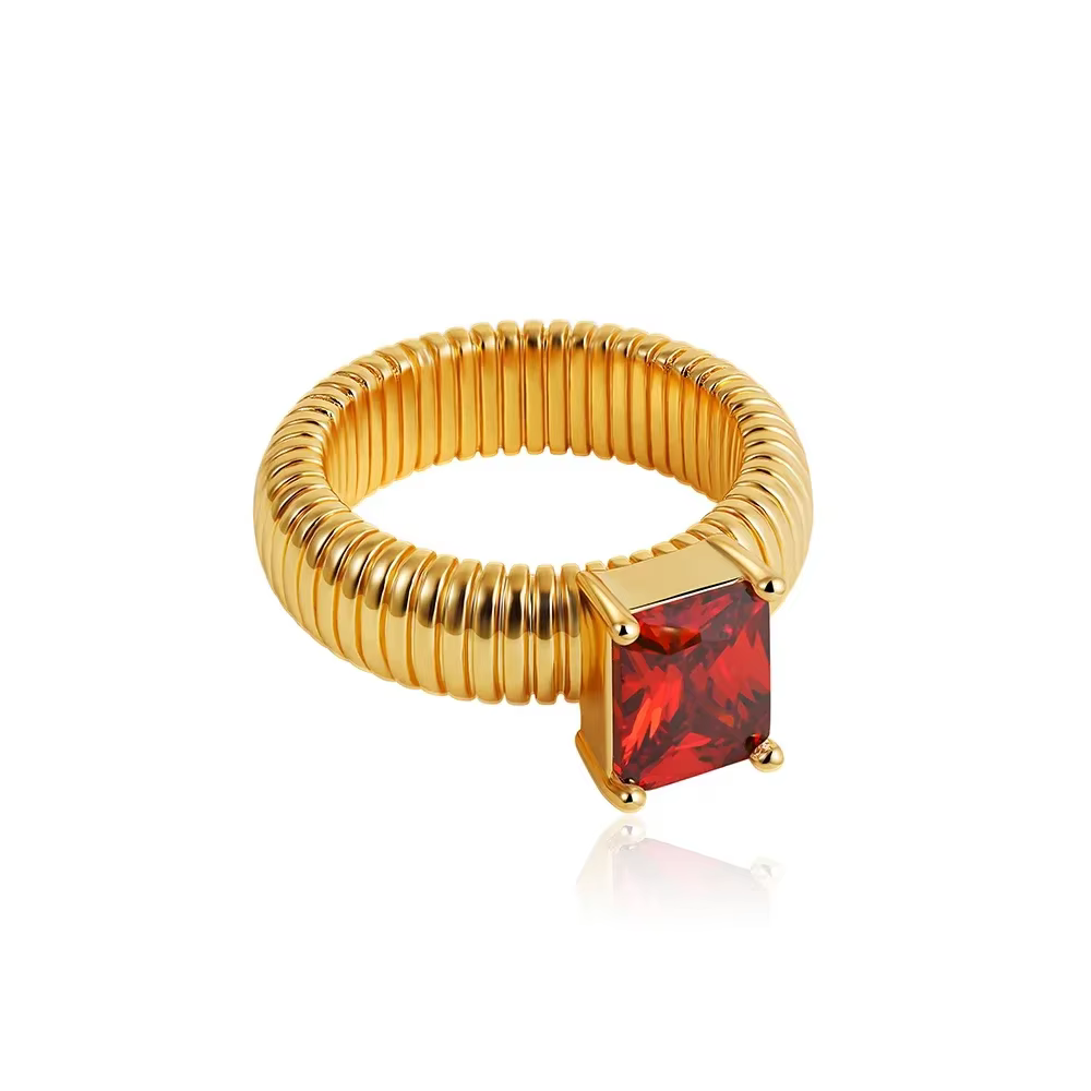 Bague en or plaqué 18 carats, étanche, avec cristaux multicolores, texture rayée épaisse, zircon car