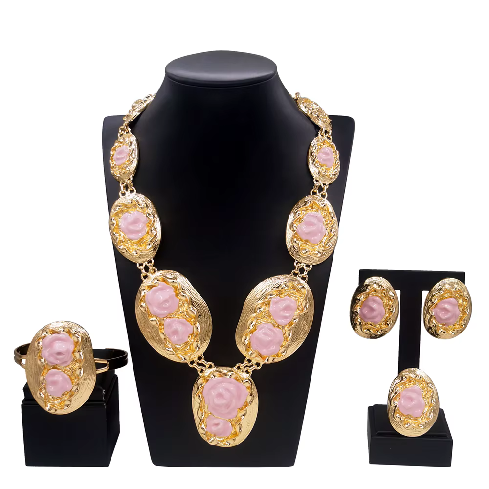 Bracelet pour femmes ensemble de Bijoux fleur rose goutte à goutte huile artisanat délicat plaqué or