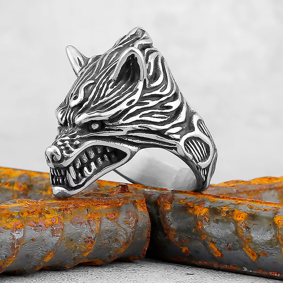 Bague Vintage en forme de tête de loup de forêt pour hommes, couleur or, ne se décolore jamais, Viki